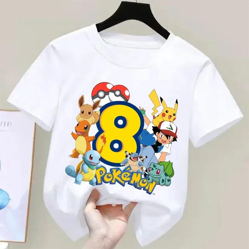 Pokemons Pikachu Kids T Shirts Birthday Number 1-9 Printed T Shirt Boys Girls Summer Casual Short Sleeves Tops Children Clothing