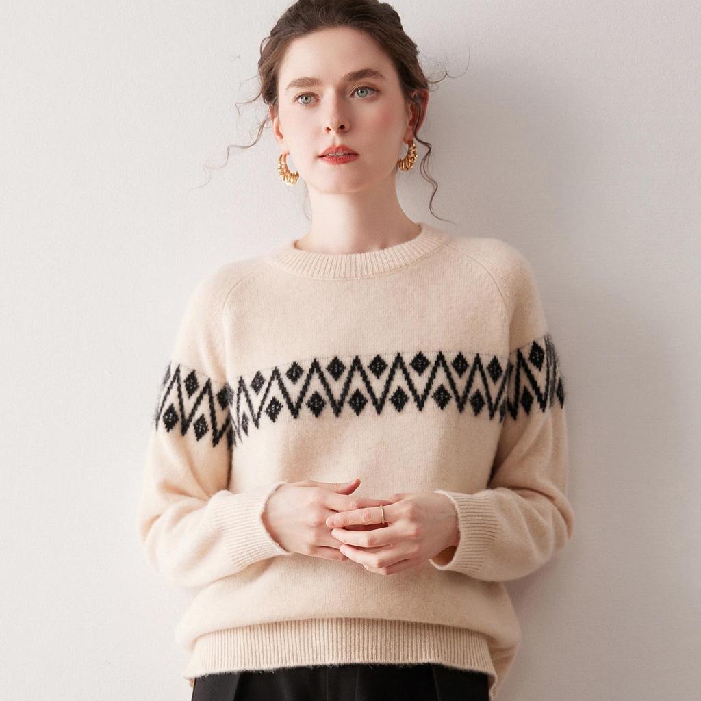 2025 Autumn/Winter Women's Thickened Cashmere Jacquard Slim Fit Knitwear Long Sleeve Round Neck Sweater
