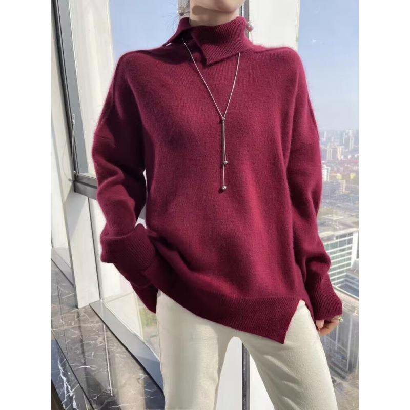 Autumn and Winter New High Lapel Collar Diagonal Split Fork Women's Versatile Loose Pullover Shoulder Sleeve Bottoming Knitted Sweater