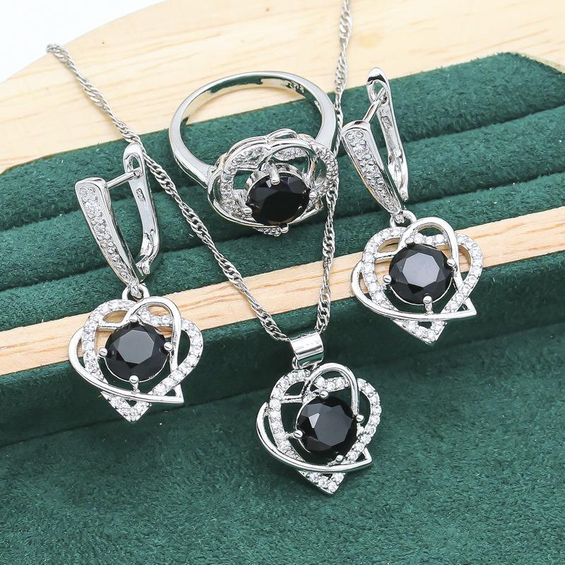 Europe and The United States Popular Colorful Zircon Inlaid Heart Shaped Set Necklace Earrings Ring Bracelet Full Diamond