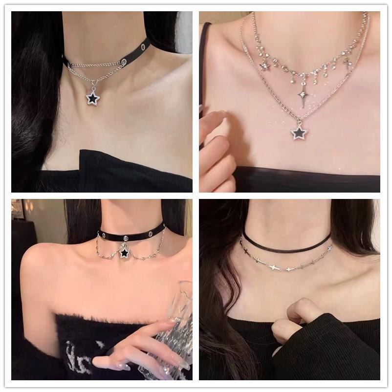 Punk Personalized Star Pendant Black PU Leather Chain Necklace For Women Girl Trend Rock Charm Neck Charm Jewelry Accessories