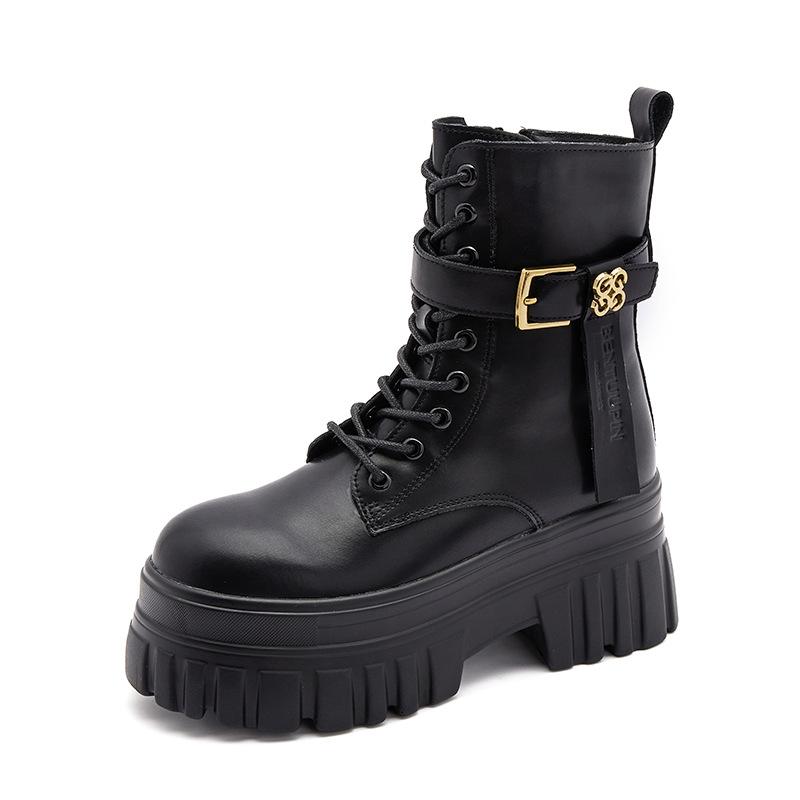 Thick-soled Martin boots for women 2025 autumn and winter new British style short boots versatile small inner height increase black boots for women