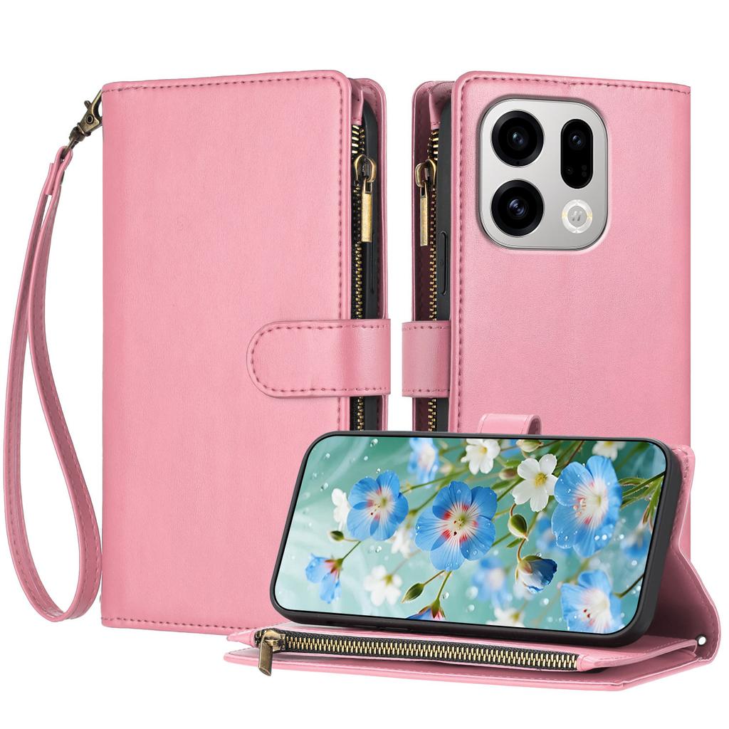 For Oppo Find X9 5G Leather Case Zipper Wallet Stand Shockproof Phone Cover with Wrist Strap