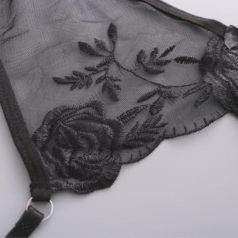 Lace Garter Belt Thong Set for Women Suspender Lingerie with 4 Metal Clips Holder Belts for Stockings+G-string