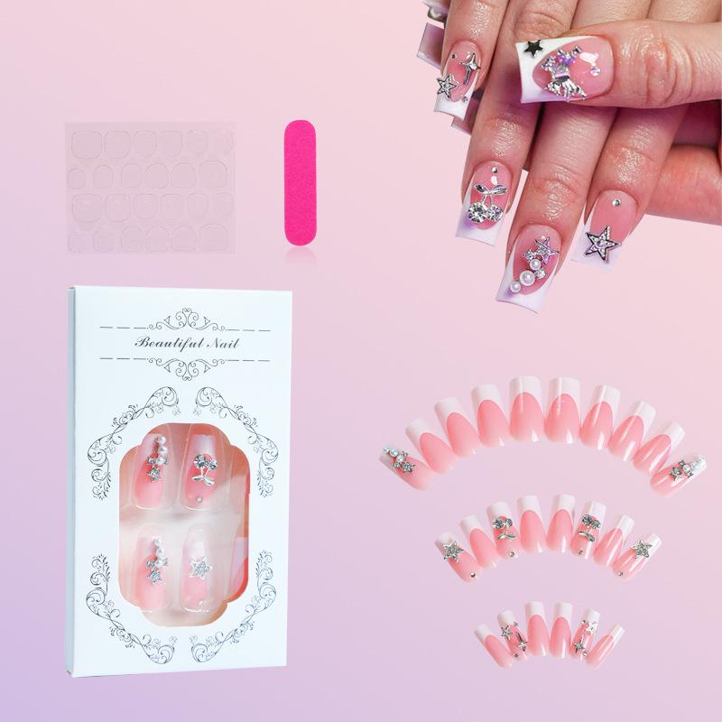 

2024 Stylish Mid-Length French Star Cherry Nail Art Set, 24 Pieces