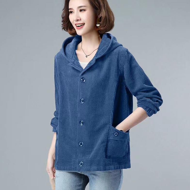 Corduroy Short Coat Women's Spring Autumn Loose Hooded Jacket Fashion Casual Coat