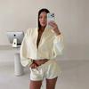 Hooded zipper short sweater set women, contrasting color hemming high waist sports shorts two-piece set