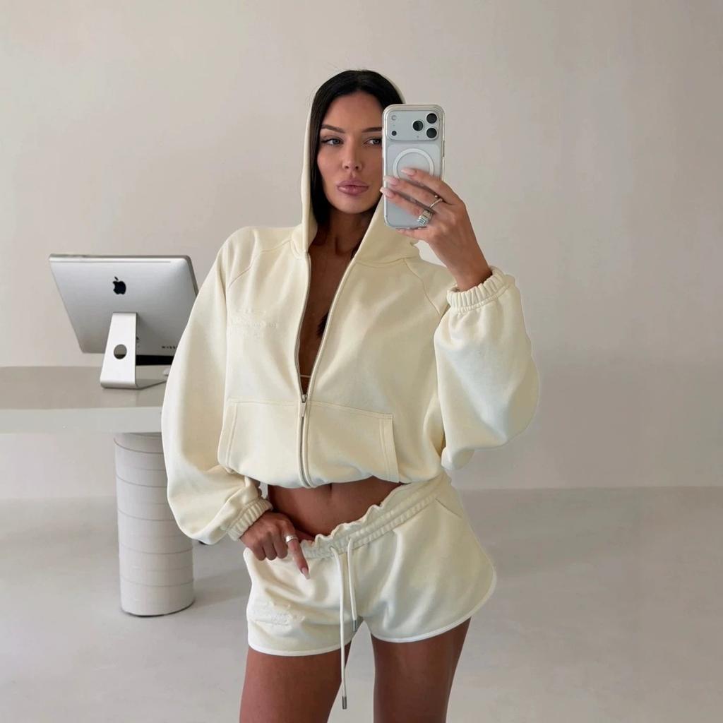 Hooded zipper short sweater set women, contrasting color hemming high waist sports shorts two-piece set