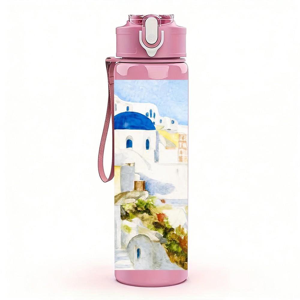 1PC Santorini White Building Sea View 750ml Color Plastic Sports Water Bottle Leakproof Flip Straw Lid Suitable for Sports Office Home Use