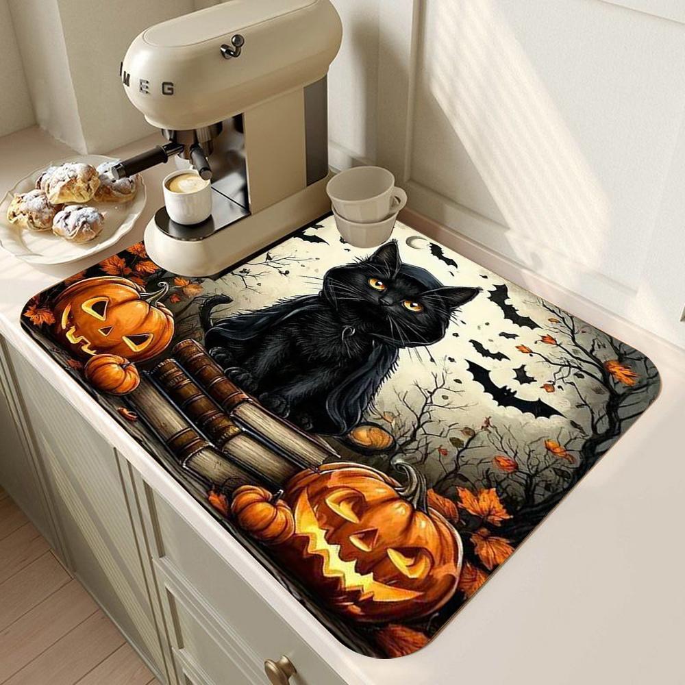Halloween Black Cat Super Absorbent Kitchen Mat Drying Mat Quick Dry Drain Pad Tableware Mat Non-slip Dinnerware Coffee Placemat