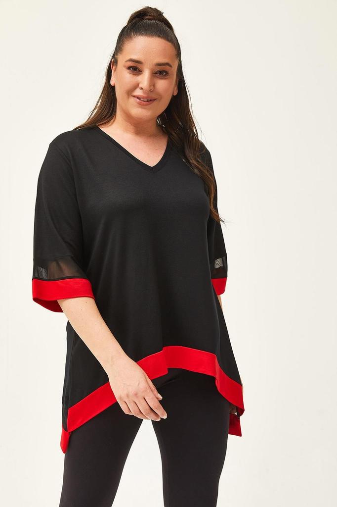 Women's Big Size Blouse Plus Size Black-Green Blouse with Tulle Detail On Sleeves and Skirt