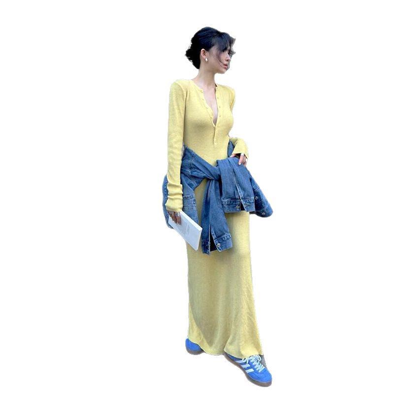 2025 Trendy Yellow and White Long-Sleeve Slim-Fit Dress for Spring and Autumn