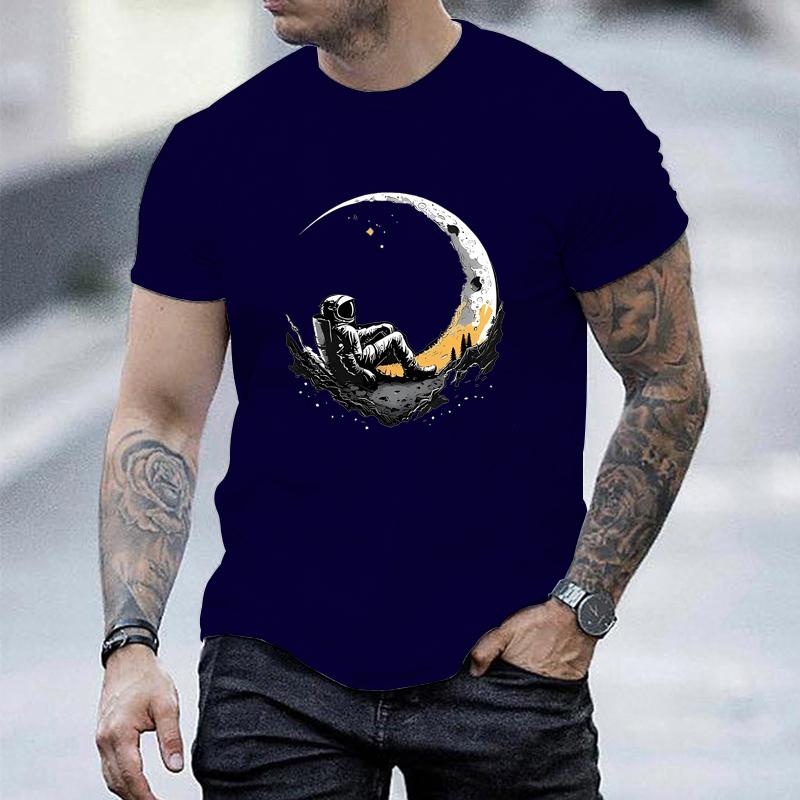 Men's Summer Fashionable Casual Loose Plus Size Landing Moon Pattern Printed Sports Round Neck Short Sleeved T-shirt