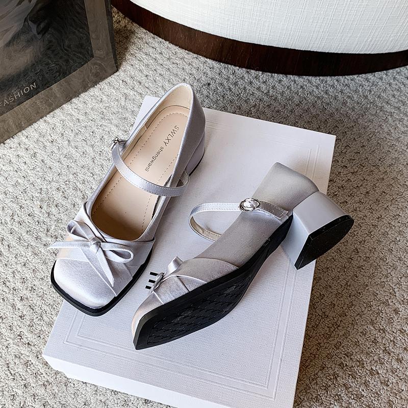 Fashion New Coarse Heel Shoes for Women Square Head Shallow Mouth Butterfly Knot Cloth Line with Anti-slip Wear-resistant Heel Shoes