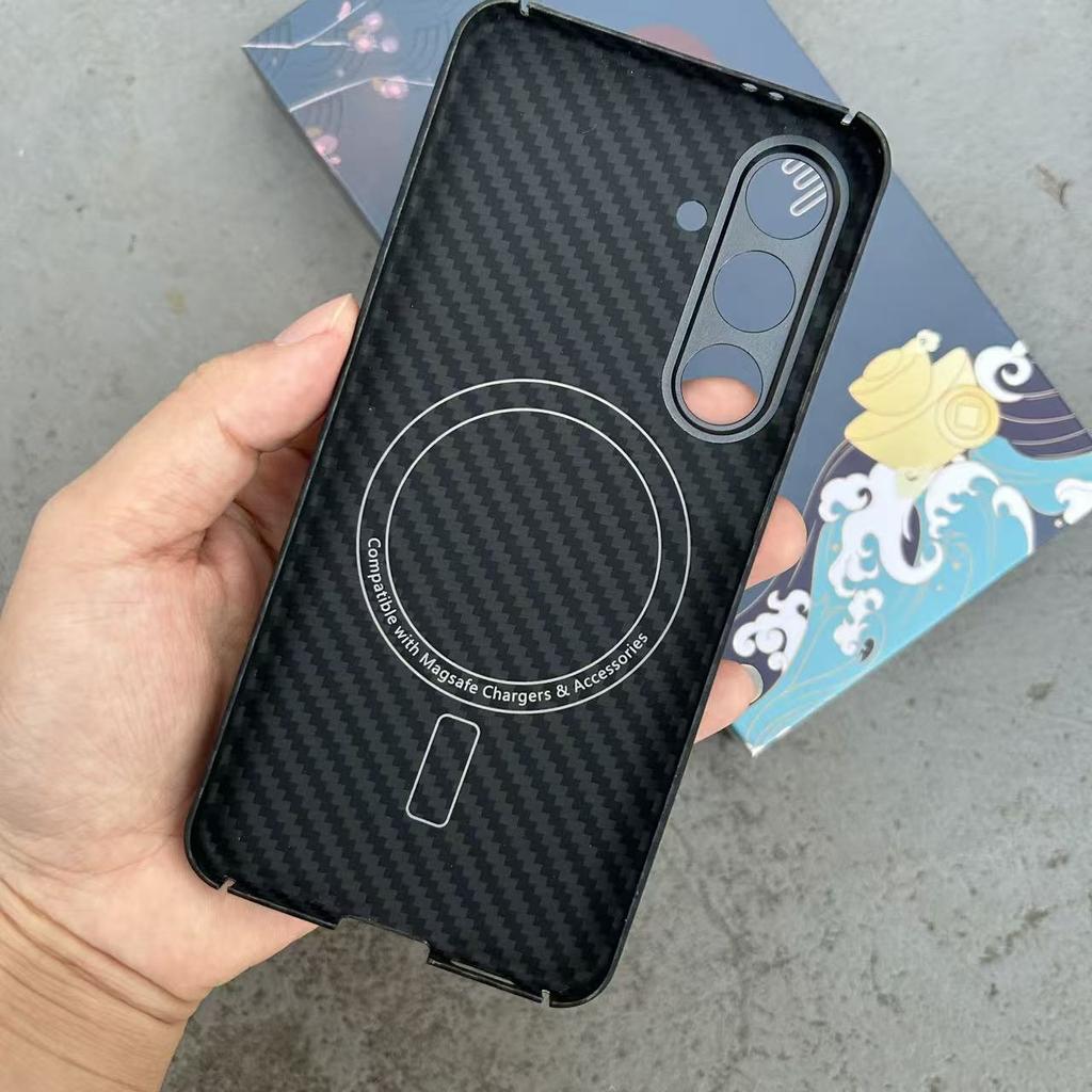 Magnetic Carbon Fiber Phone Case for Samsung Galaxy S25 Ultra S22 S23 S24 Plus Aramid Fiber Metal Lens Ring Cover Suport Magsafe