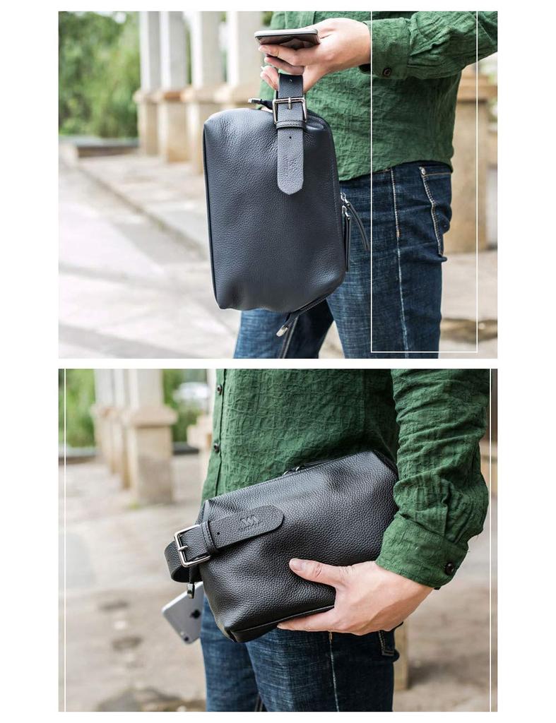 Handle Cowhide Leather Second Bag Bag Clutch Bag Small Double Zipper Thick Genuine Leather Wedding Bag Formal Business Ceremonial Bag for Men Cowhide