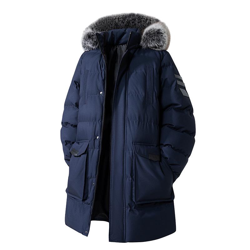 Men's Plus Size Mid-Length Winter Jacket with Detachable Hood and Fur Collar