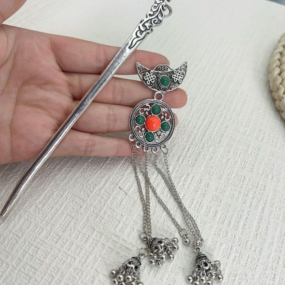 Metal Crescent Shape Tassel Hairpin Silver Hanfu Hair Fork Antique Ethnic Style Hair Stick Women