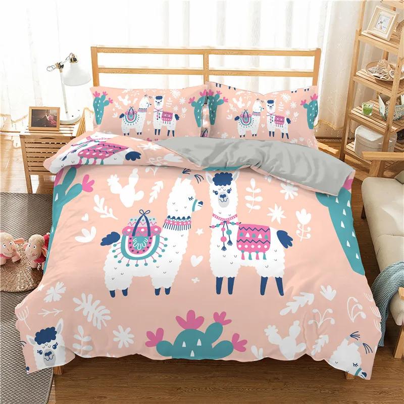 Cartoon Alpaca Duvet Cover King Queen Size Lovely White Animal Bedding Set for Kids Tropical Cactus 2/3pcs Polyester Quilt Cover