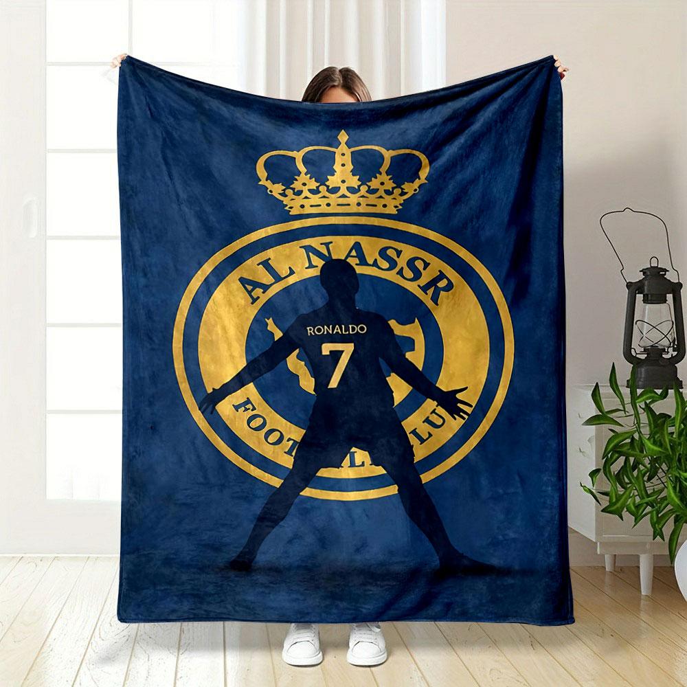 A Silhouette Stands Before a Golden Football Club Logo On a Blue Backdrop. for All Seasons Blanket Lunch Break Throw Gift