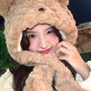 Autumn Winter Cartoon Bear Plush Button Hat Scarf and Hat Integrated Thickened Windproof Warm Neck Warmer Hat