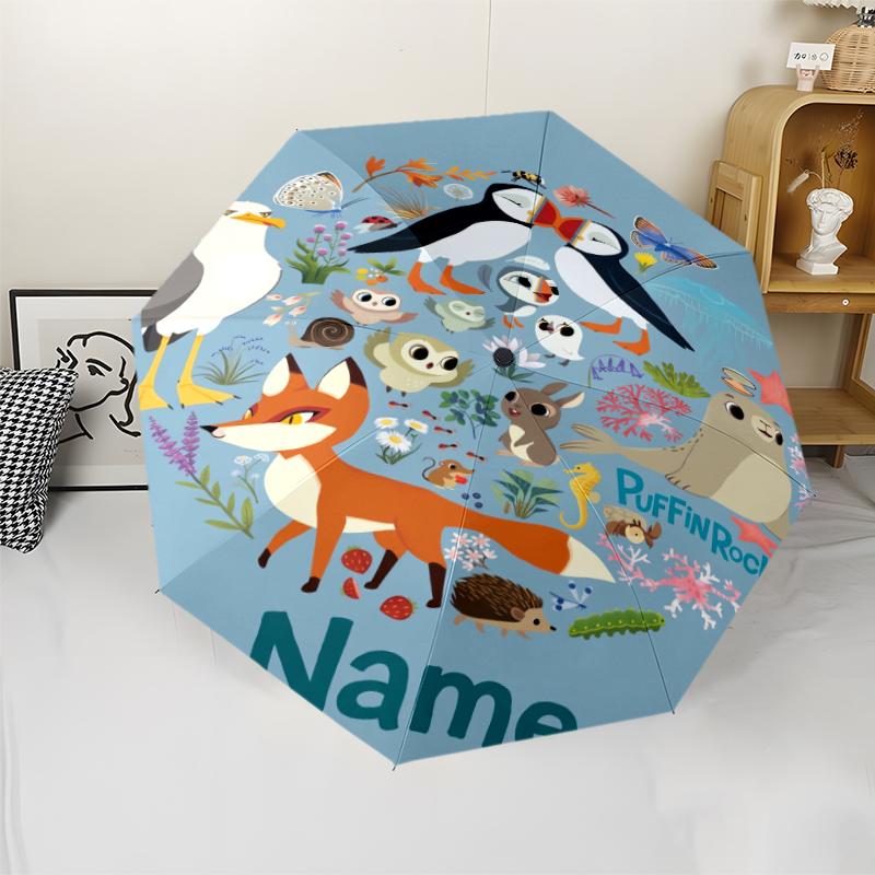 Custom Name Puffin Rock Theme Automatic Umbrella, Lightweight & Portable, 8 Rib, Perfect for Outdoor Travel, Birthdays, Christmas, Gifts.