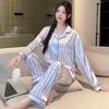 Spring Summer Purple Striped Pajamas Set for Women Sleepwear Long Sleeve Button Top and Long Pants Set Homewear Loungewear