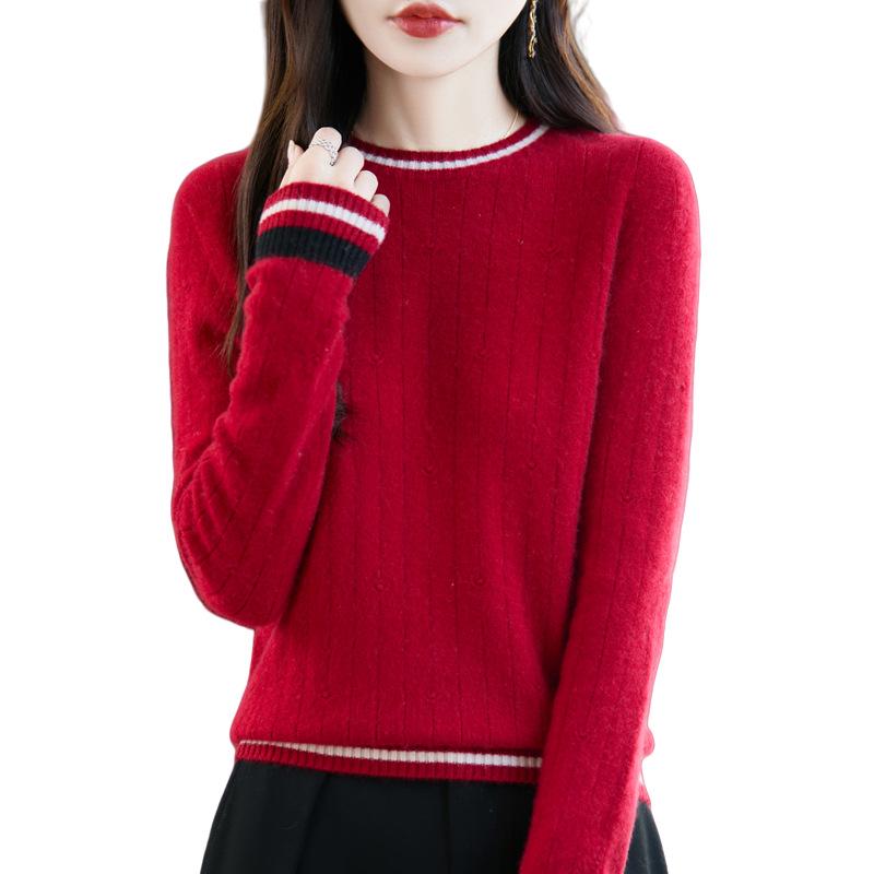 Women's 100% Pure Wool Color Block Round Neck Long Sleeve Seamless Sweater - New Autumn/Winter Style
