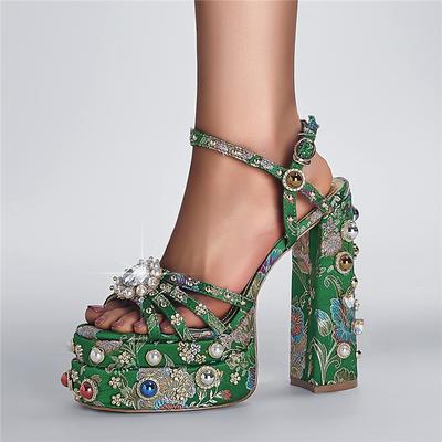 FOREADA Sandalias de Mujer Punta Redonda Tacones Altos Gruesos Hebilla Abalorio Flor Plataforma Diseño Sexy Zapatos de Moda para Dama Verano Verde 43