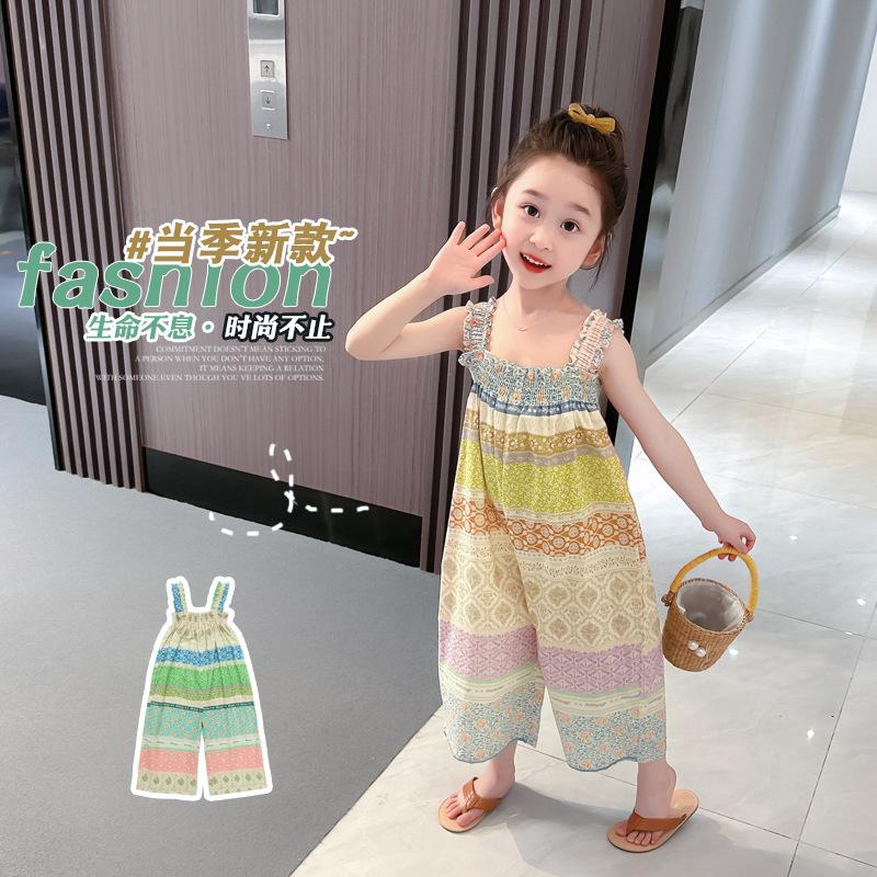 Girls Summer Sleeveless Floral Jumpsuit with Wide Legs Lightweight and Sweet