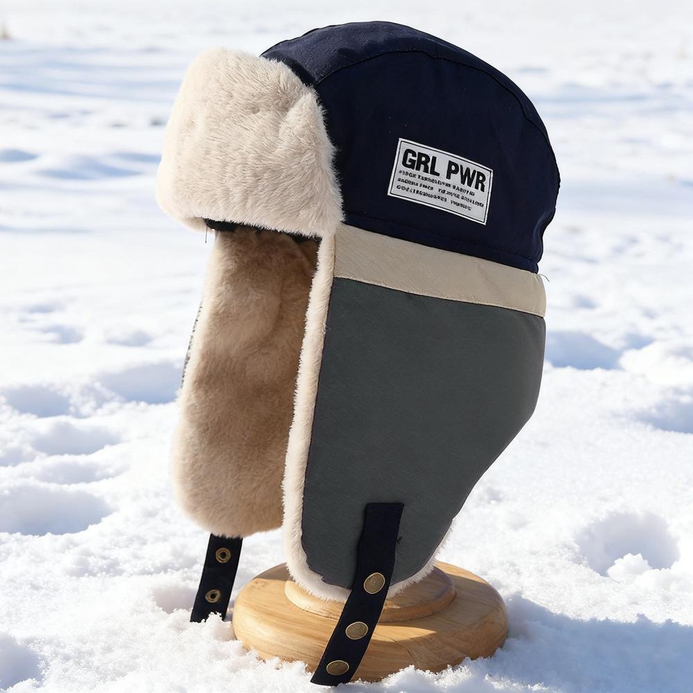 Winter Cycling Hat with Ear, Lined Thickened Trapper Hat, Color Block Navy Top