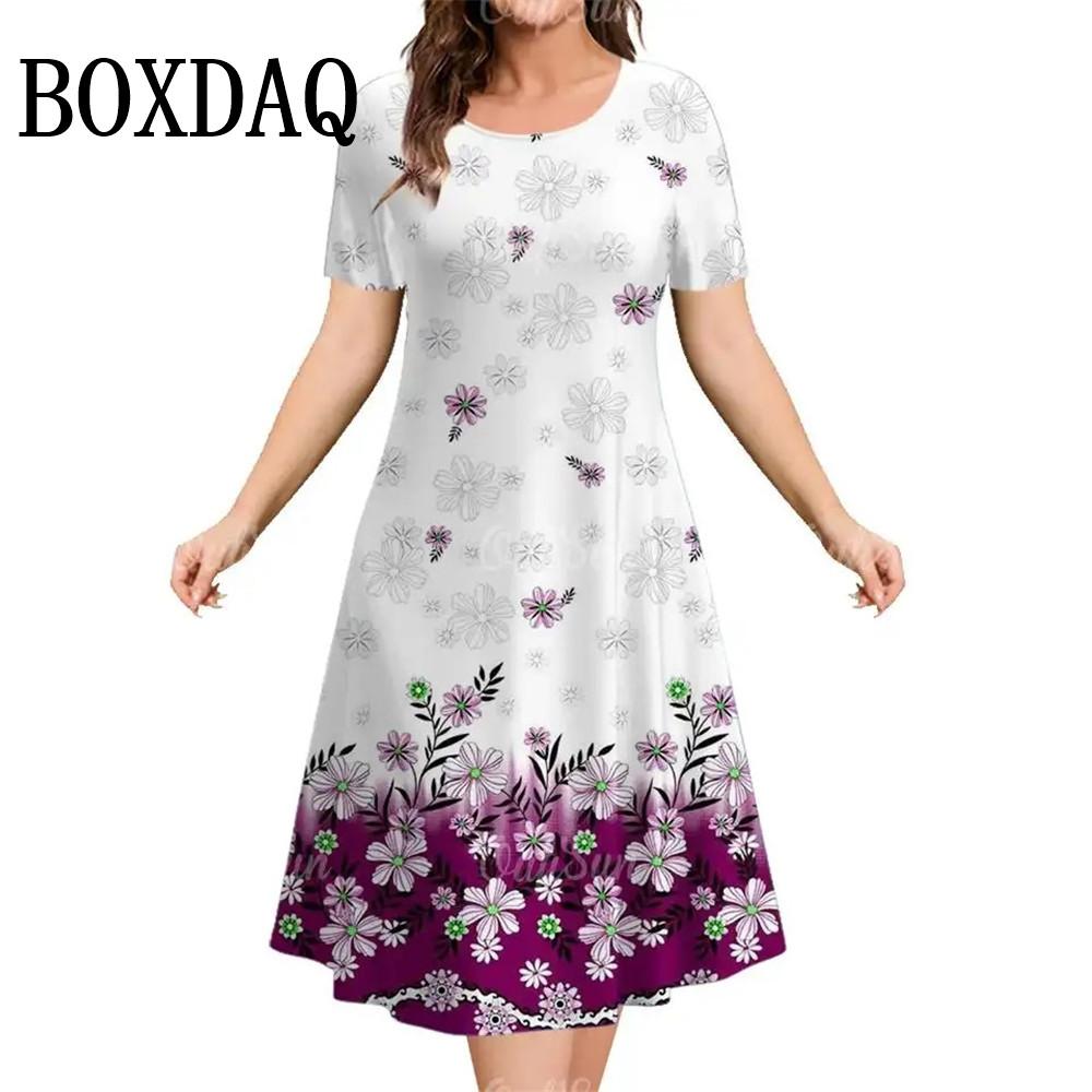 Summer Women's Dress Fashion Floral Pattern Short Sleeve Dresses Loose Plus Size Casual Round Neck Print Clothing Elegant Dress