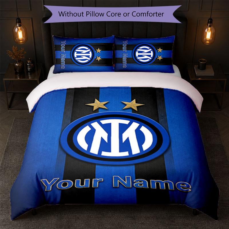 Set Biancheria da Letto Personalizzato Inter Milan con Nome Testo 1 Copripiumino+2 Federe Logo Calcio Regalo Personalizzato per Occasione Speciale Arredamento Camera da Letto