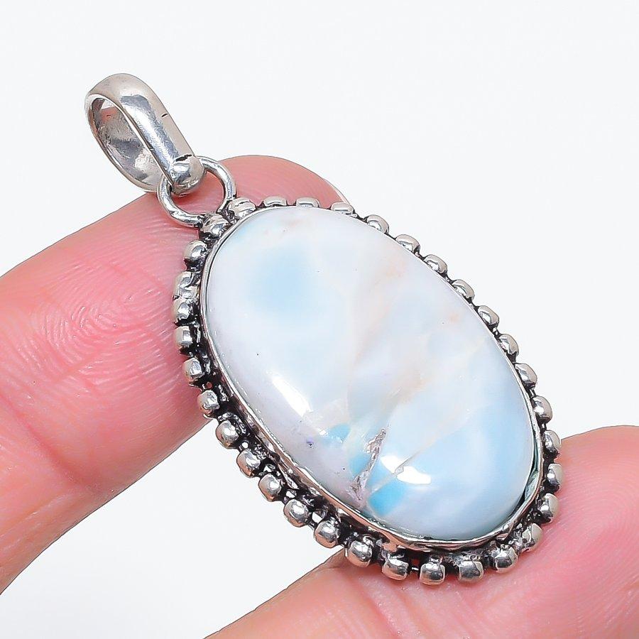 Natural Larimar Gemstone Handmade 925 Sterling Silver Jewelry Pendant 1.97" L4R37