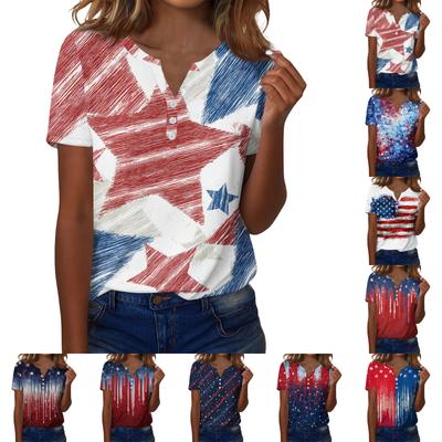 Women's T Shirt Independence Day Print Button Short Sleeve Daily Weekend Fashion Basic V- Neck Regular Top