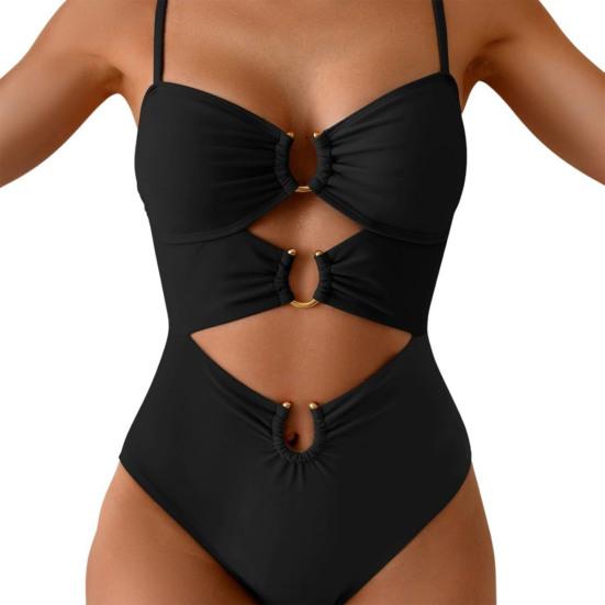 Underwire Push-Up Bra One-Piece Bikini Set with Metal Buckles Hollow Design Sexy S чёрный