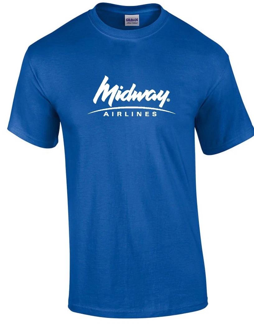 Midway Airlines White Logo US Aviation Airline Royal Blue Cotton T-Shirt XL