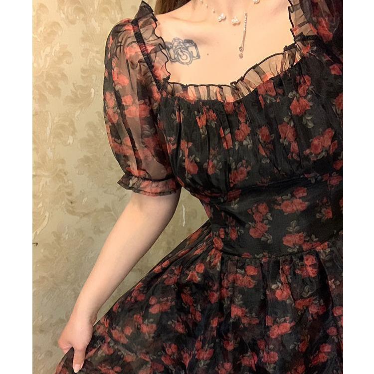 Plus Size Square Neck Short Sleeve Floral Dress for Women Summer Loose Bow Mesh Puff Sleeve Dresses