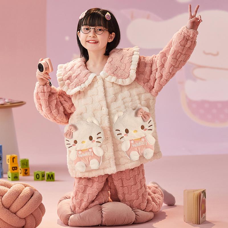 Kids Flannel Pajamas Set Boys Girls Warm Long Sleeve Top And Pants Sleepwear Winter Home Nightwear
