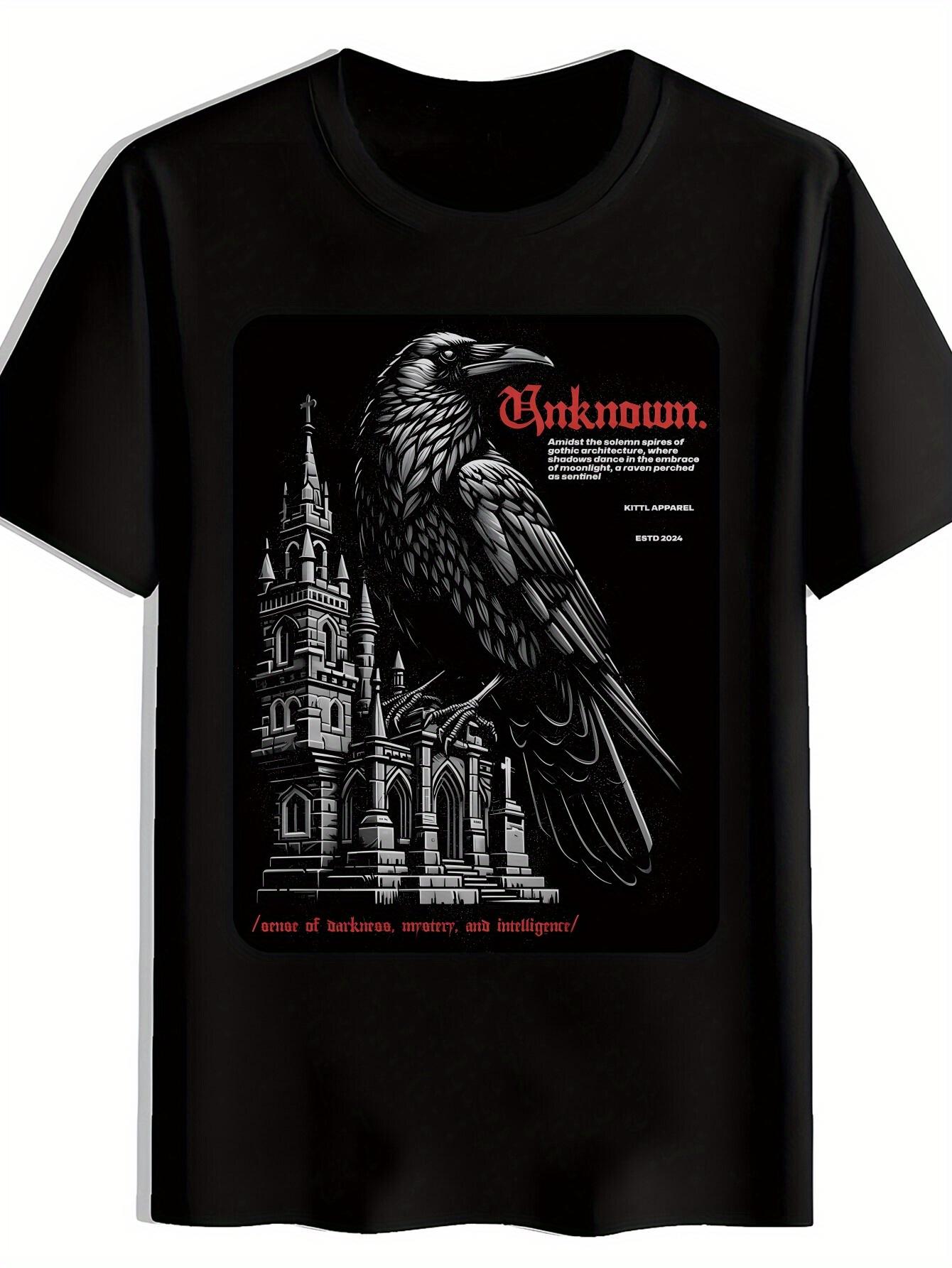 

Vintage Rock Band Graphic T-shirt - Black Short Sleeve Round Neck Tee with Gothic Raven & Cathedral Print XXXXL
