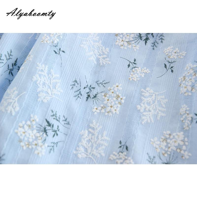 Japanese Mori Girl Spring Summer Women Blue Floral Skirt High Waist Print Elegant Skirt Cotton Linen Feminine A-Line Skirt