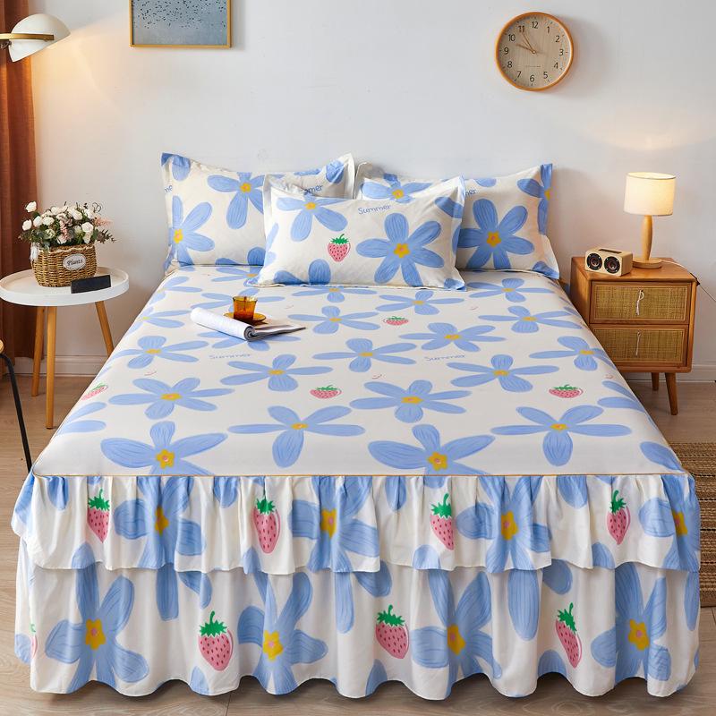 3pcs Modern Korean Floral Bed Skirt Set with Lotus Leaf Embellishments and Princess Floral Pattern, All-Season Brushed Light Beige-Friendly Bedding