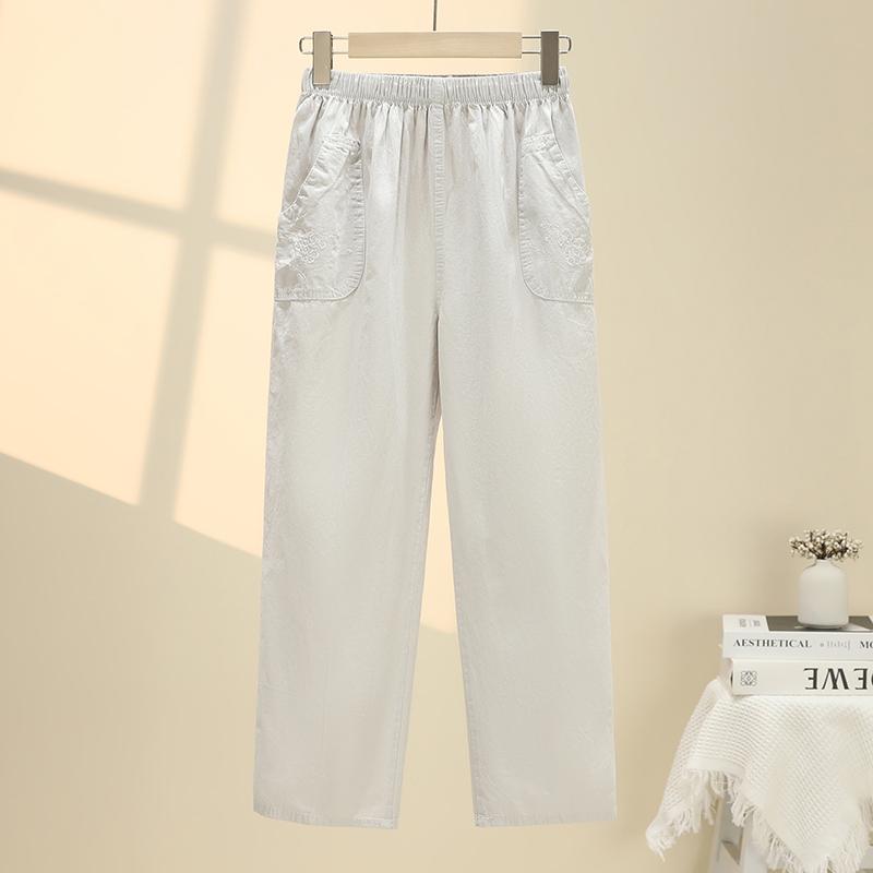 

Summer Embroidery Women s Plus Size Cotton Pants Stretch Casual Waist Office Outdoor Pants Breathable Cool Clothing 4XL бежевий