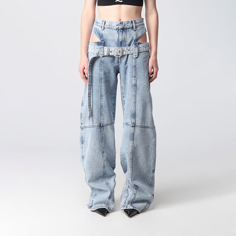 

Нишевый дизайнерский фейковый костюм-двойка с вырезами на животе, джинсовый, европейский и американский, сексуальный, двухслойный пояс, шнуровка, прямые свободные брюки Blue M