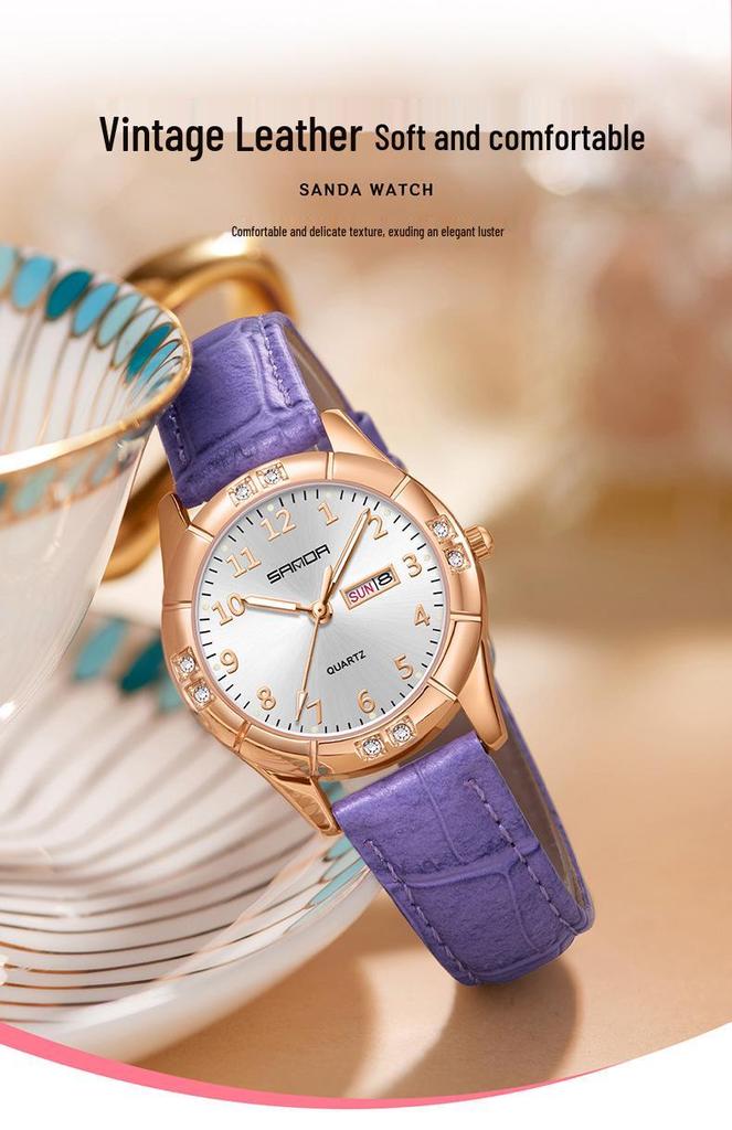 Sanda Junior High Student Retro Quartz Watch - Luminous, Dual Calendar, Waterproof, Sun Pattern, Fashionable Women's Style