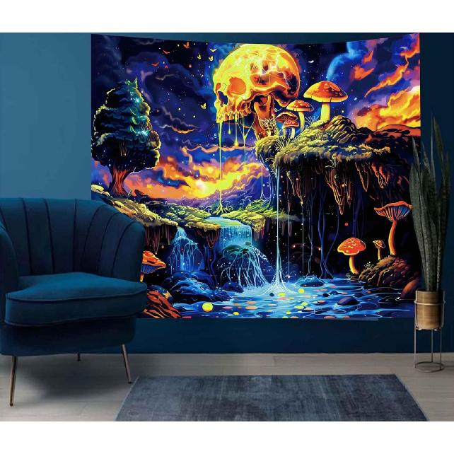Onivein Blacklight Skull Forest Tapestry UV Reactive Skeleton Mushroom Waterfall Tree Tapestries Wall Hanging Aesthetic Tapestry for Bedroom Dorm