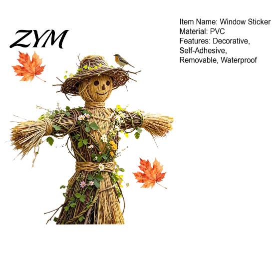 Creative Thanksgiving Gift Scarecrow Window Stickers with Realistic Maple Leaf, Pastoral Decals, Waterproof Durable Film PVC Static Clings for