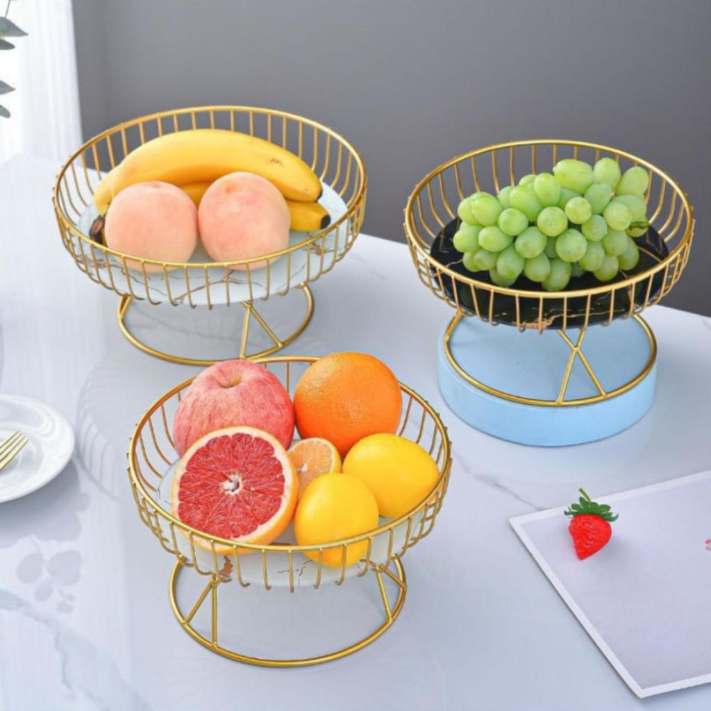 Wire Fruit Basket with Glass Tray Marble-Style Elevated Pedestal