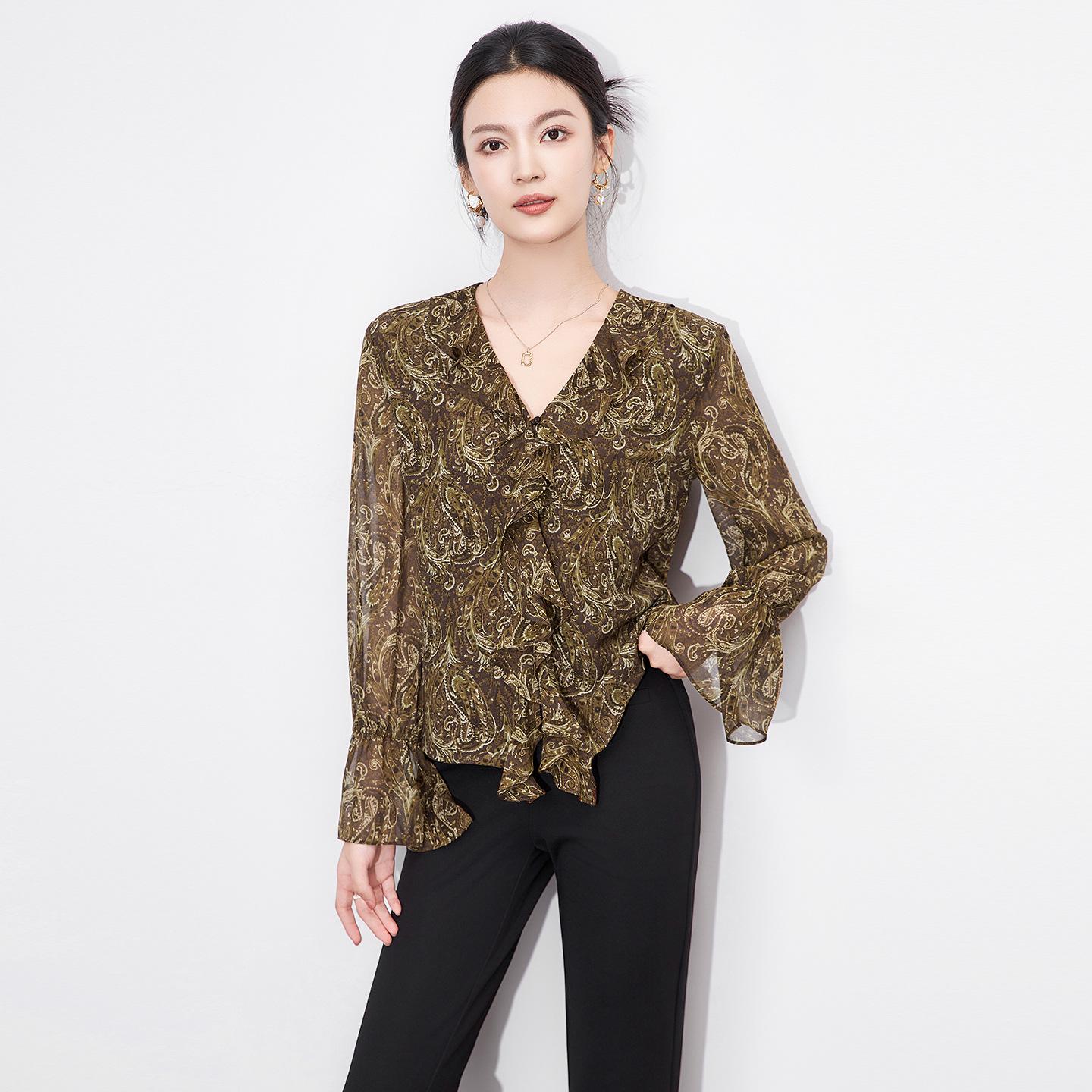 

Retro Charm Print Chiffon Ruffle Blouse – Women s Early Autumn Style Small оливковое зеленый