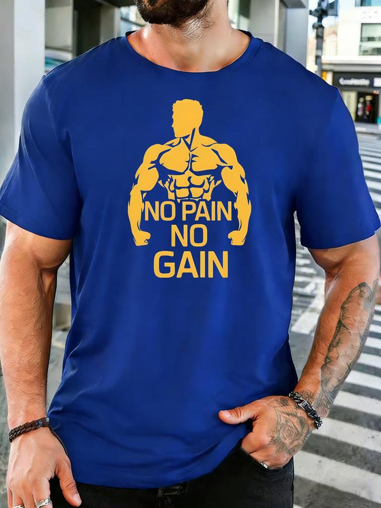 Muscle Silhouette No Pain No Gain Fitness Print Unisexs Cotton Crew Neck Tee Short Sleeve Loose Gym Daily Street Male Wear Top